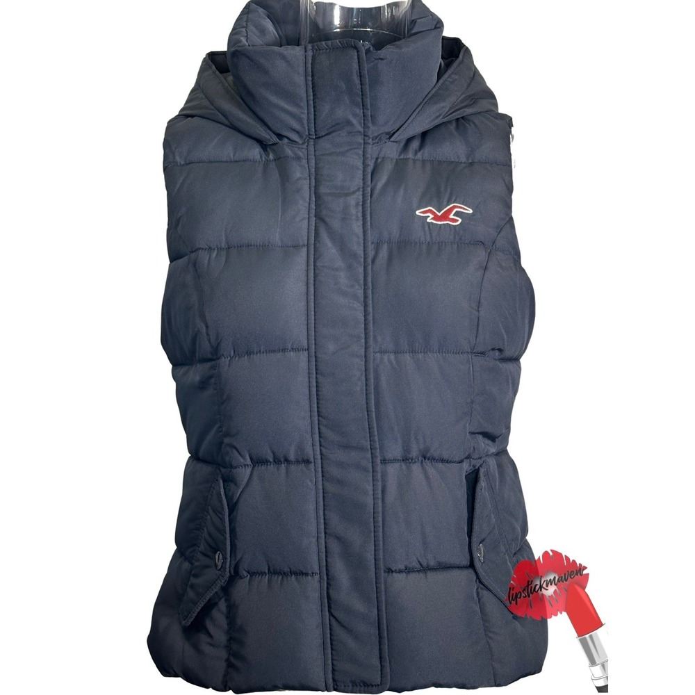 Hollister Puffer Vest Hooded Down Women Medium Navy Zip Faux Fur Hood